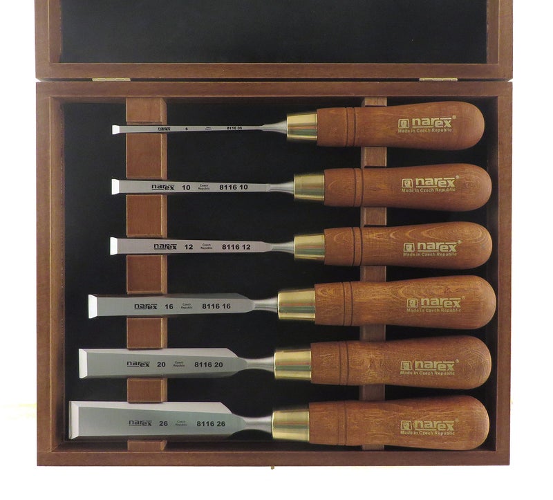 Narex Czech Steel Premium 6 pc set w/ 6 mm (1/4), 10 mm (3/8), 12 mm (1/2), 16 mm (5/8), 20 mm (13/16), 26 mm (1-1/16) Woodworking Chisels w/Hornbeam Handles in Wooden Presentation Box 853200 - Image 2